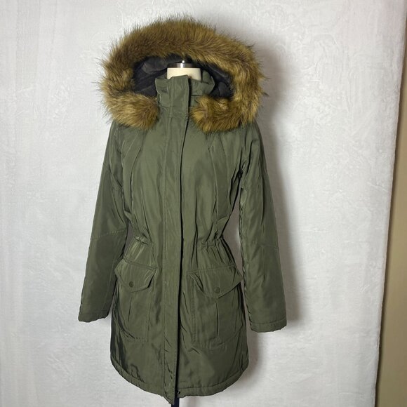 A New DAy XS Olive Green Womens Parka Jacket With Faux Fur Trim Hood Snap/Zip - Picture 1 of 16